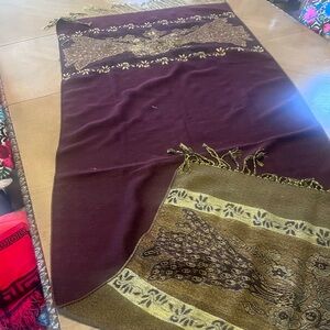 Gold Embroidered Peacock Pashmina Shawl- Deep Plum from Mexico